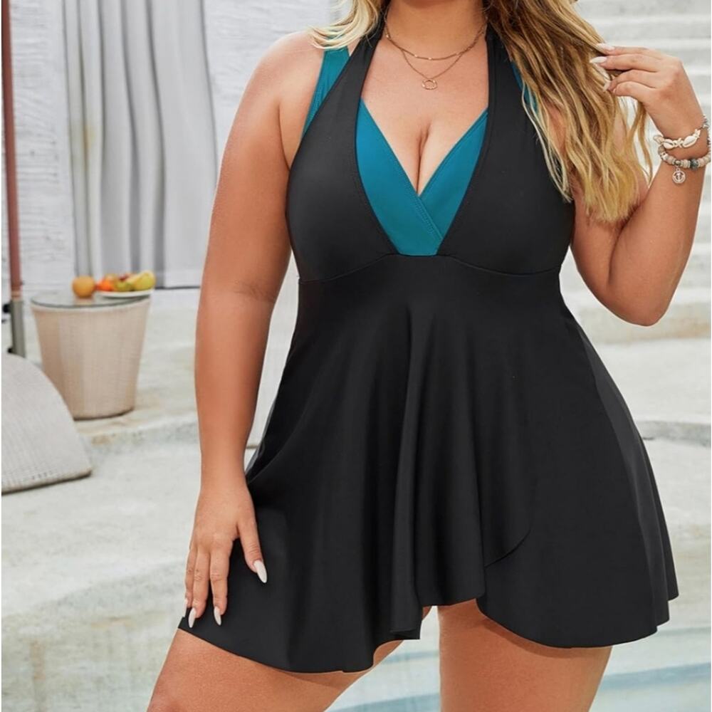 Black and Teal Halter Swim Dress Tummy Control Size XL